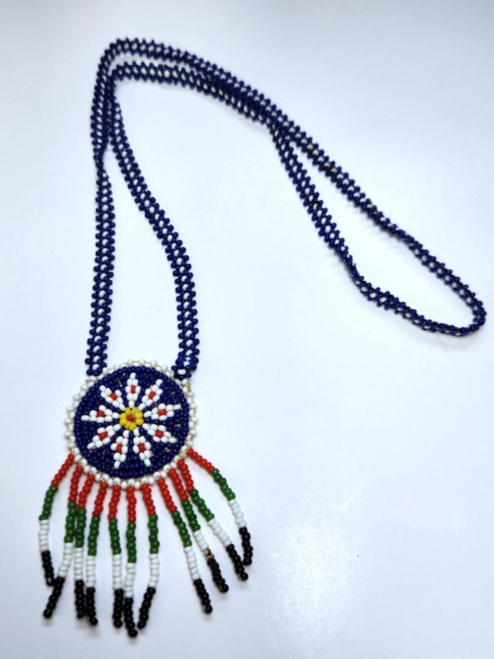Vintage Seed Bead Medallion Necklace Cobalt Blue Starburst Boho Fringe